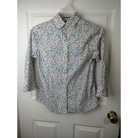 Lands End Woman 0P Shirt Collared Button Floral 3/4 Sleeve Button Wrinkle Free - Picture 1 of 10